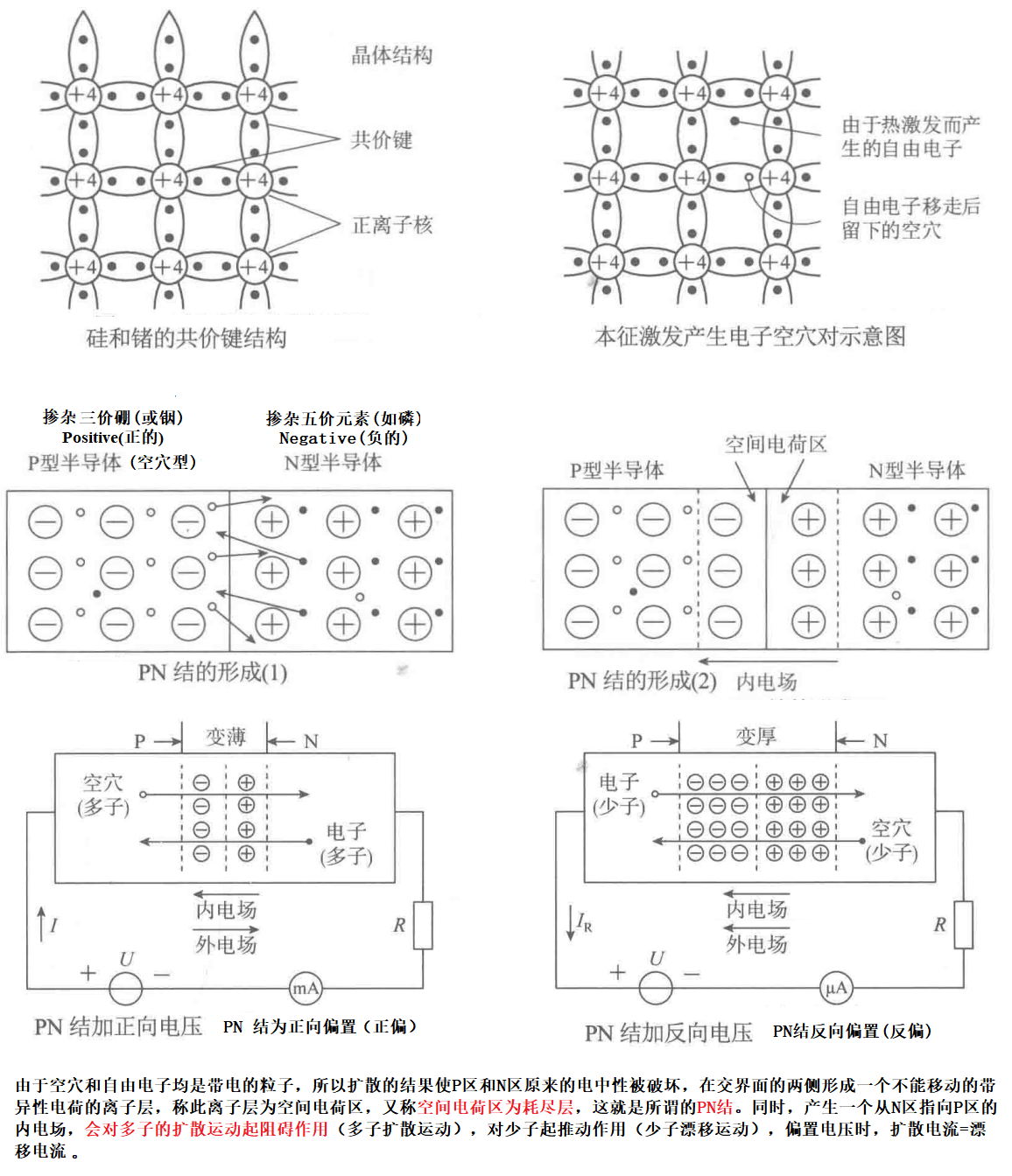 本征激发、PN 结形成、内建电场以及正向和反向偏置的原示意图