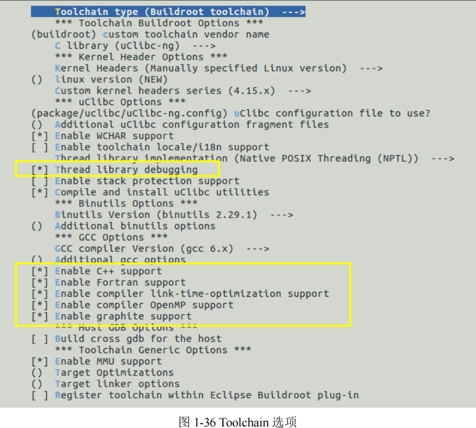 Buildroot 旧版工具链截图:uClibc-ng、内核头文件与 C++ 等语言支持选项