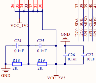 DRAM 附近的原电路片段:R18/R19 分压,C24/C25 跨接两只电阻,C26/C27 跨接 2.5 V 与地