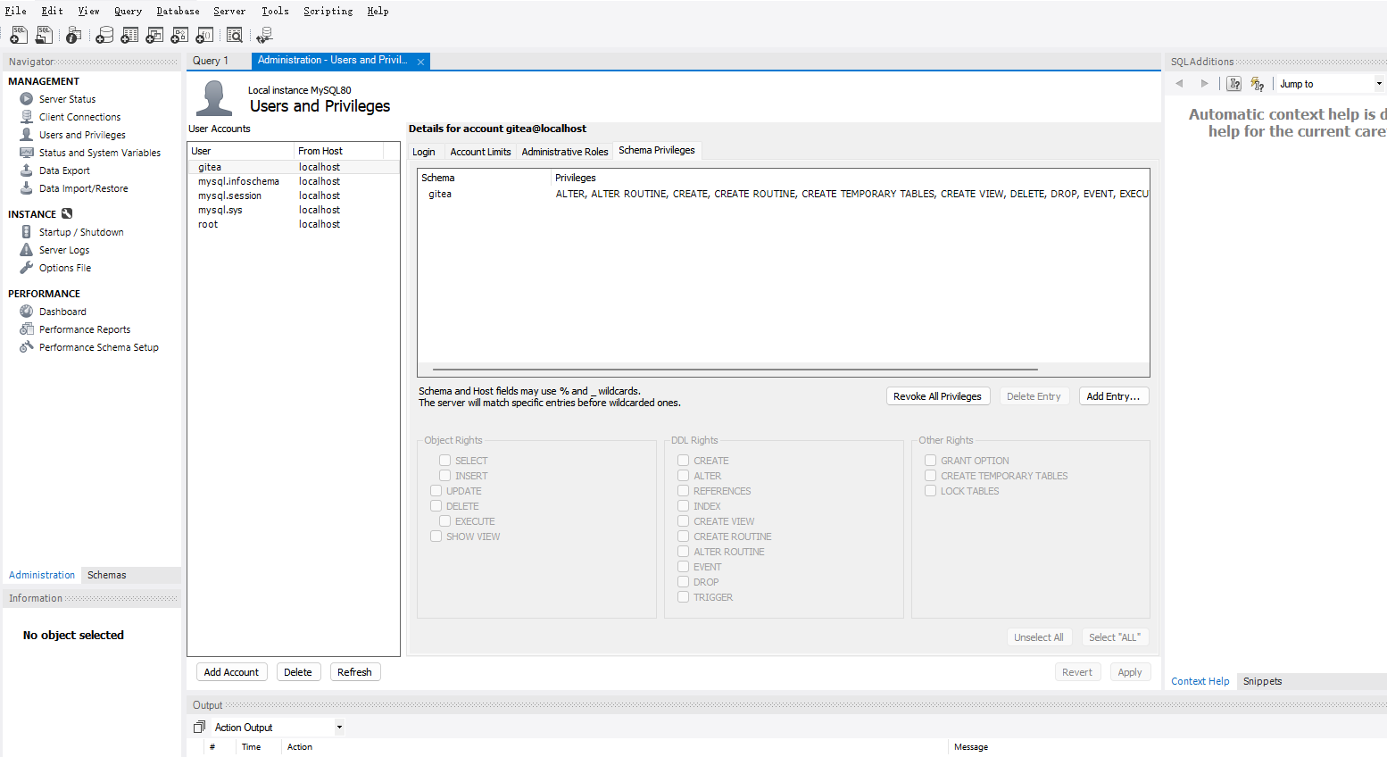 MySQL Workbench 中 gitea 数据库的 Schema Privileges 历史界面