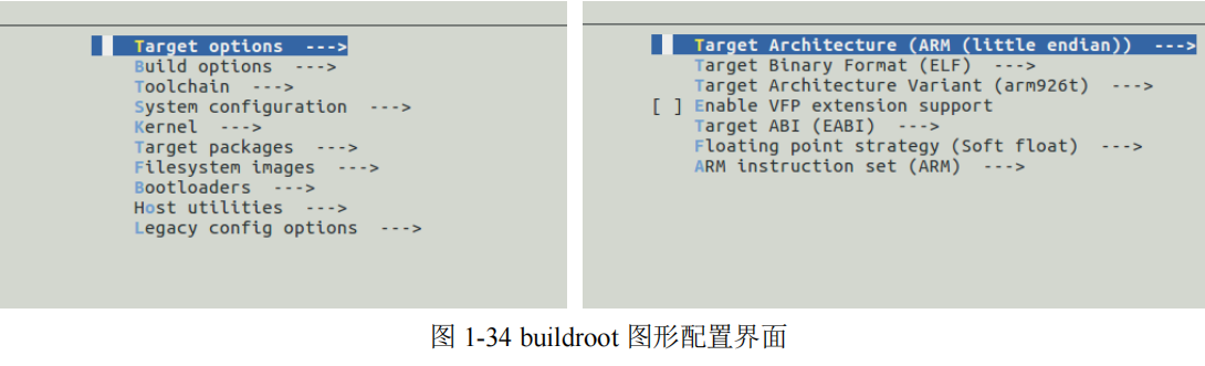 Buildroot 旧版 Target options:ARM 小端、ELF、arm926t、关闭 VFP、EABI 与软浮点