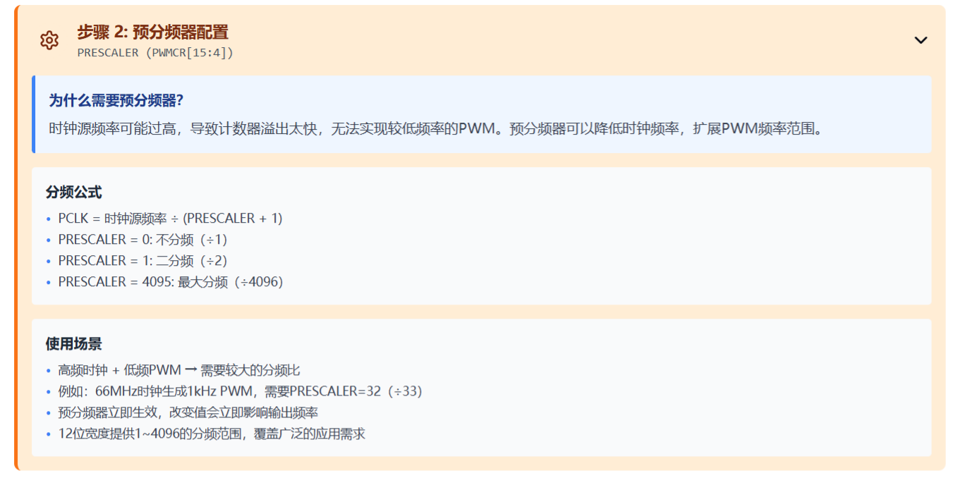 内部预分频器说明,除以 33 后仍需配置周期寄存器