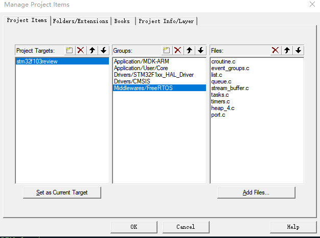MDK 工程组中的七个内核功能源文件以及 heap_4.c、port.c,共九个文件